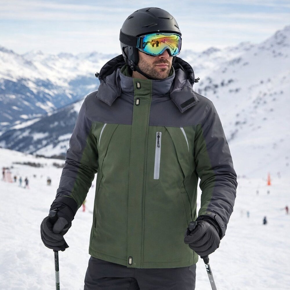 Ski Jacket Waterproof Windproof Snow Jacket Hooded Mens Womens Gray & Green